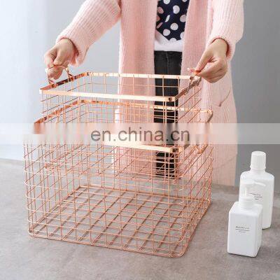 Storage Basket Metal Book Organizer Home Decorative Metallic Wholesale Wire Stainless Steel Gift Gold Storage Basket With Handle