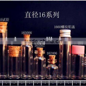 16mm diameter test tube glass bottle with cork, small glass tube testing bottle with cork