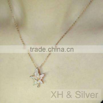 925 silver jewelry rose plated with zircon leaf silver pendant necklace