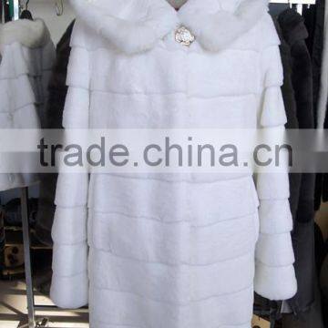 Long White Rex Rabbit Fur Jacket With Mink Trim
