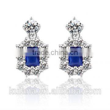 EZ-32 Crystal Micro Paving Brass Material Blue Stone Rhodium Plated Earrings