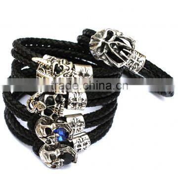 Black Leather Braided Wristband Tibetan Silver Clasp Men Punk Skull Bracelet