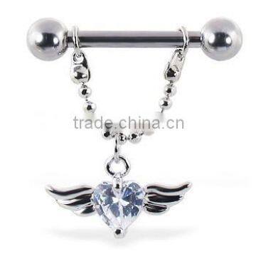 Nipple Ring With Dangling Heart And Wings