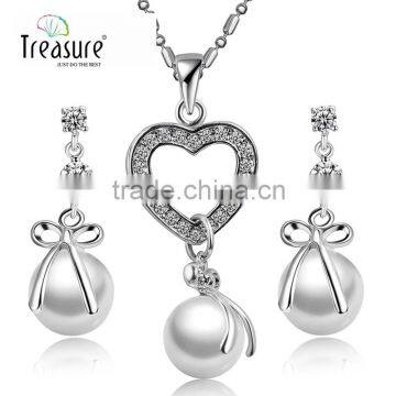 Unique jewelry pearl czech zirconia heart pendant copper chain necklace and earring jewelry set for braide