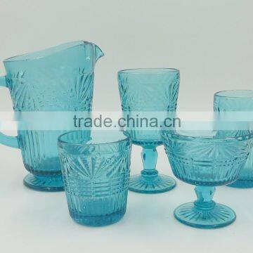 press drinkware/Wine goblet,Hiball,DOF, sundae cup,pitcher color glass in lake blue with float grass embossed patern