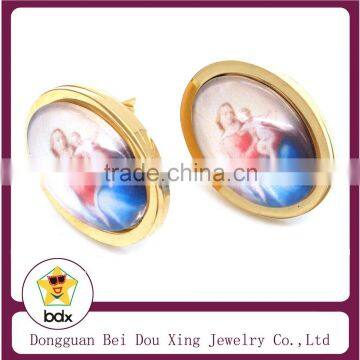 Gold Plated Stainless Steel Religious Resin Saint Virgin of Montserrat Mary & Infant Jesus Double Sided Christ Charm Earrings