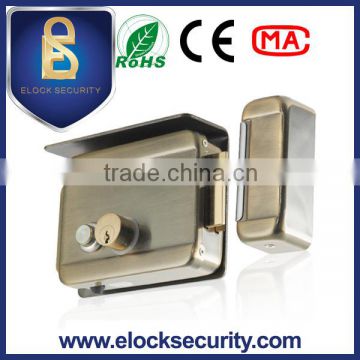 Electric garden gate lock with button and rain preventing plate