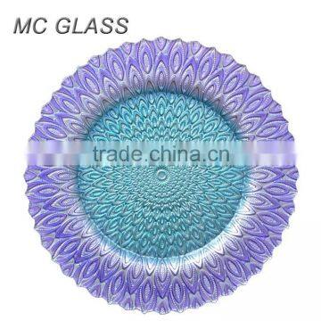Hot New Wedding Purplish Blue Peacock Design Glass Charger Plate Wholesale