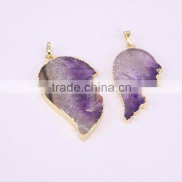 Natural Amethyst Pendant, Wings Shape Gold Plated Edged Drusy Amethyst Gem Stone Pendant, Druzy Pendant