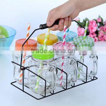 Set of 6 Glass handle Mason Jars Mugs and metal basket caddy holder,plastic straw 16M051