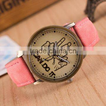 Wholesale Factory Price Free Sample Colorful Printing Thumbs up Leather Strap Quartz Watch photo-5