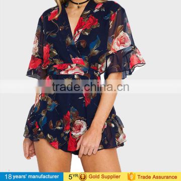 Summer beach party playsuit sexy deep v neck rose floral printed one piece chiffon boho shorts jumpsuits for adult women