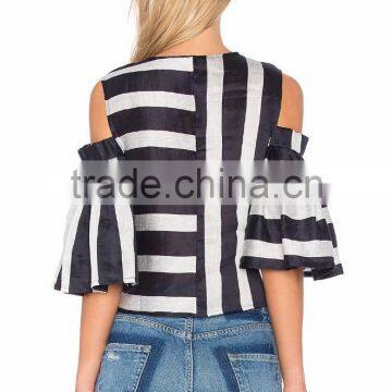 Striped Design Women Top Cold Shoulder Trendy Holiday Fashion Tops photo-3