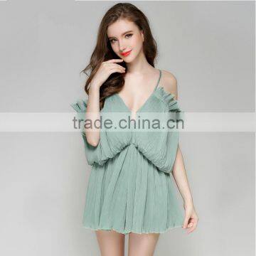 Ladies/adult new fashion V neck pleated sexy off the shoulder summer women romper