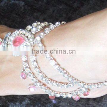 Silver Tone Pink Crystal Pearl Anklets Toe Ring Barefoot Sandal PAYAL photo-2