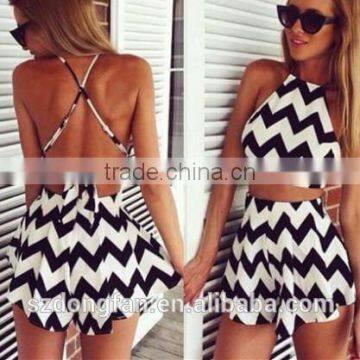 Wholesale Women clothing women summer dress Striped Playsuit Summer Style Shorts Backless Sexy Jumpsuit Crop Top and skirt set