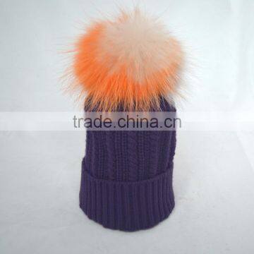 Myfur Popular New Cable Woolen Knitted Hat With Raccoon Pom Pom Top