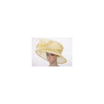 12cm Brim Light Yellow Women Church Hats , Sinamay Fascinators With Feather For Party