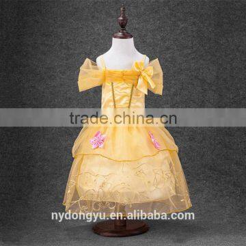 girl yellow bowtie printed princess dress/kuyin g young girl flower printed princess dress/new design girl holiday fashion dress