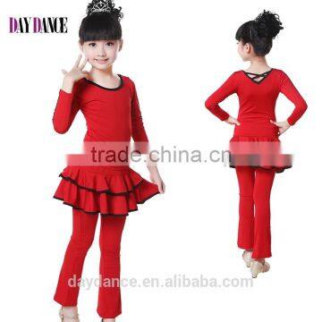 New Girls Kid Latin Performance Tops And Pants Suit Child Long Sleeve Back V-neck Cross Dance Costumes