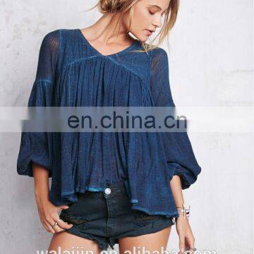 High Quality 3/4 Sleeve Cotton Yarn Babydoll Shirt , Ladies Gauze Shirt photo-4