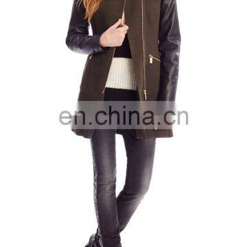 Stretch Virgin Wool Blend and Vegan Leather Coat