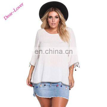 Brief O-Neck Three Quarter Sleeve Crepe Pom Pom Cross Strap Plus Size Tops