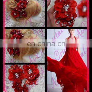 Aidocrystal red gradient gem combs the bride lace flannelette handmade hair accessories