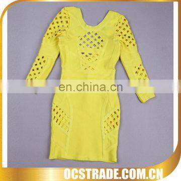 2014 women bandage long sleeves cheap yellow cocktail dresses