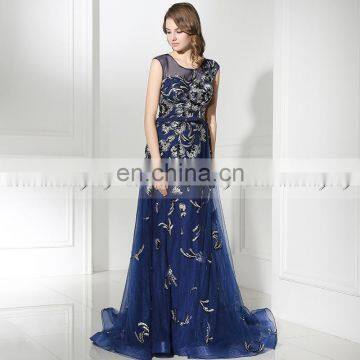 2017 Latest Design Cap Sleeve Royal Blue Tulle Embroidered Evening Dresses LX382 photo-3