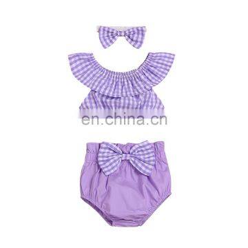 Toddler Checker Off Shoulder Top And Bow Bloomer Baby 3pc Clothes Set Boutique Girls Outfits