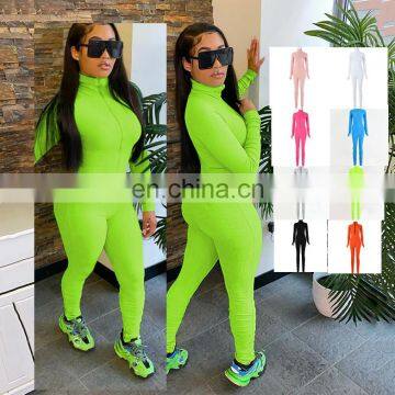 2020 Amazon hot style European and American new women's sexy zip up tight-fitting solid color one piece bodysuit jumpsuit