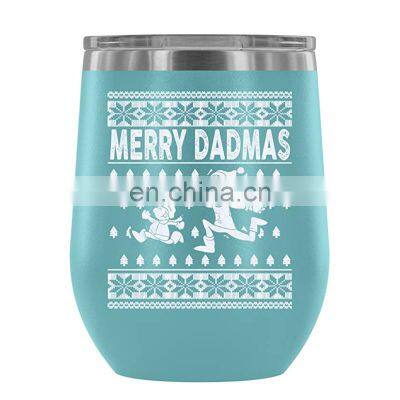 12oz Double Wall Christmas Holiday Gift Stainless Steel Insulated Wine Mugs With Straw/Lid