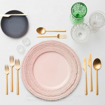 13 Inch Decorative Porcelain Pottery Dish Crockery Embossed Wedding Lace Pink Ceramic Charger Plates photo-2