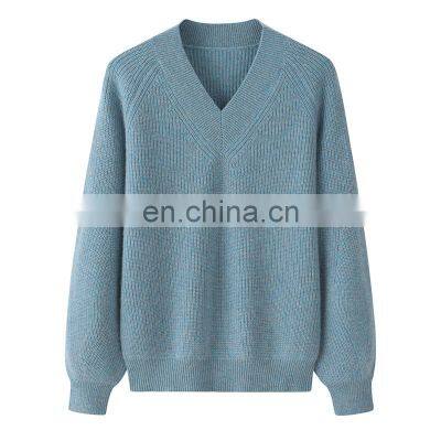 OEM ODM Custom Fashion 100% Pure Cashmere Women's Winter Pullover Casual Knitted V-Neck Sweater