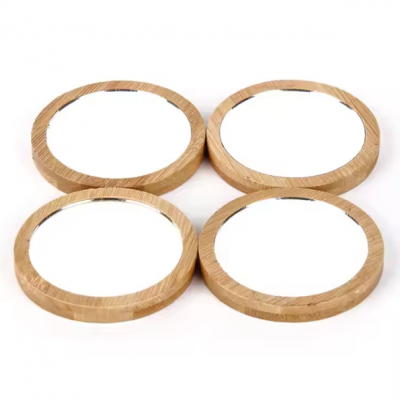 Low Quantity Carved Logo Bamboo Round Mirror Portable Mini Round Makeup Mirror Bamboo Hand Mirror in a Wooden Frame