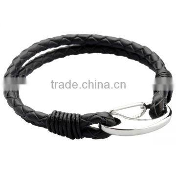 high quality fashion Stainless Steel and Braided Black Leather 8.5-inch Bracelet