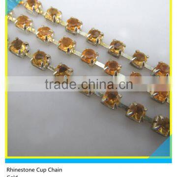 Single Row Silver Base Gold Round Rhinestone Cup Chain Trimming 2mm/3mm/4mm