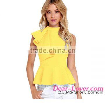 Yellow new style Asymmetric Ruffle Side Peplum Top spanish blouses