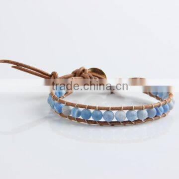 Lap Beaded Blue Frosted Agate Stone Natural Leather Bracelet for Women Party Jewelry Wholesale photo-3