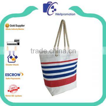 Cheap custom stripes printed stylish canvas rope handle beach bag