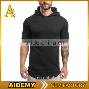 Customize Cotton Spandex Mens Short Sleeve Pullover Hoodie Black Plain Gym Hoodie with Slightly Side Splits