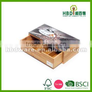 bamboo tea bag box with image and glass