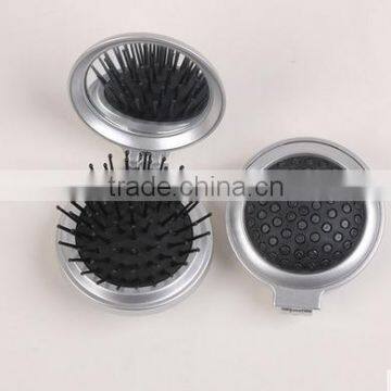 High quality round plastic foldable pocket compact decorative mirror with hair brush