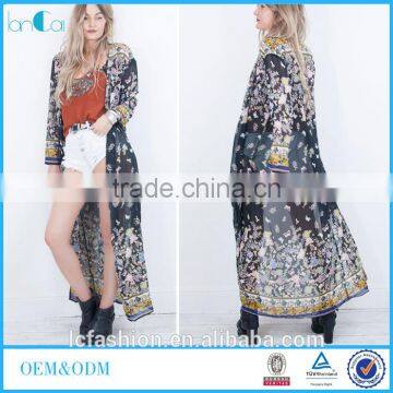 Hot selling long maxi kimono2017 summer sexy long sleeve prom print kimono beach