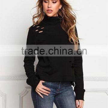 MGOO Manufacturer OEM Custom Made 100 Pieces Black Distressed Turtleneck Sweater Tops CVC French Terry Tops photo-2