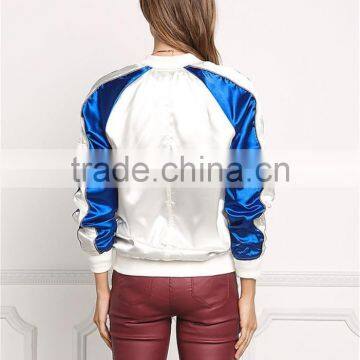MGOO Fashion Foshan Manufacturer Custom Satin Baseball Jackets For Women White And Blue Block Bomber Jackets photo-6