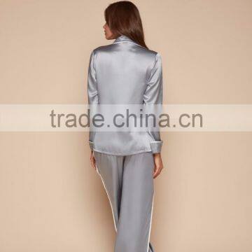 OEM Service Women Grey Satin Sleepwear Appeal Silk Pyjama Long Sleeve Blouse With Long Pants White Piping photo-2