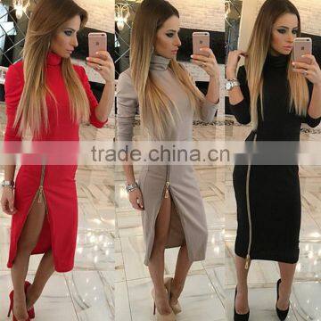 Autumn sexy Women's High Collar Slim Ladies long sleeves bottom zipper zipper slit sexy bodycon office dress