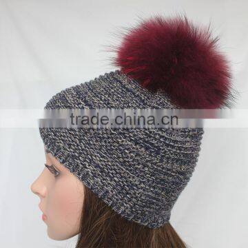 Myfur Multi-Color New Striped Pattern Wool Acrylic Knitting Hat with Real Raccoon Fur Pom Poms